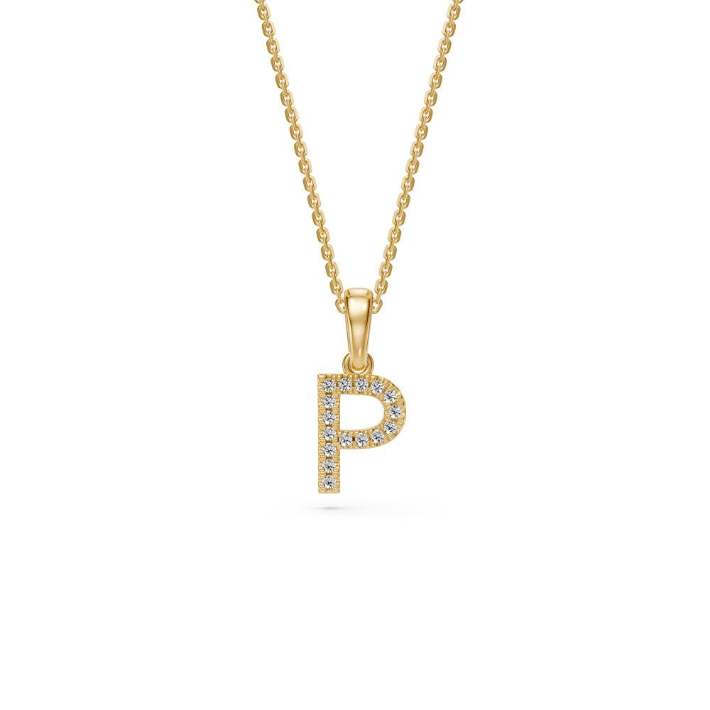 Yellow Gold Mini Pendant Necklace with Diamonds, letter P JFA199009