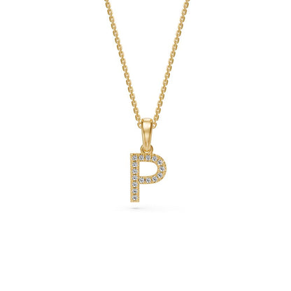 Yellow Gold Mini Pendant Necklace with Diamonds, letter P JFA199009