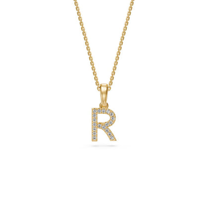 Yellow Gold Mini Pendant Necklace with Diamonds, letter R JFA199018