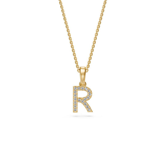 Yellow Gold Mini Pendant Necklace with Diamonds, letter R JFA199018