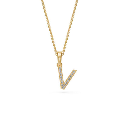 Yellow Gold Mini Pendant Necklace with Diamonds, letter V JFA203547