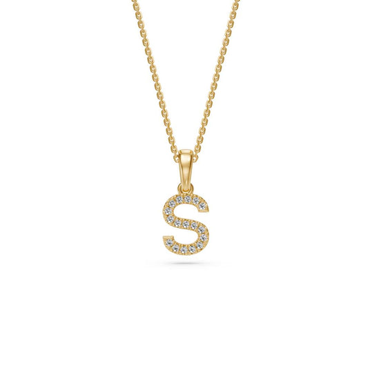 Yellow Gold Mini Pendant Necklace with Diamonds, letter S JFA199019