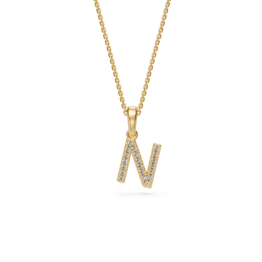 Yellow Gold Mini Pendant Necklace with Diamonds, letter N JFA199010