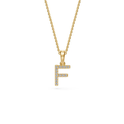 Yellow Gold Mini Pendant Necklace with Diamonds, letter F JFA199020