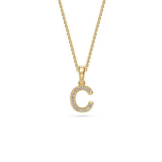 Yellow Gold Mini Pendant Necklace with Diamonds, letter C JFA199028