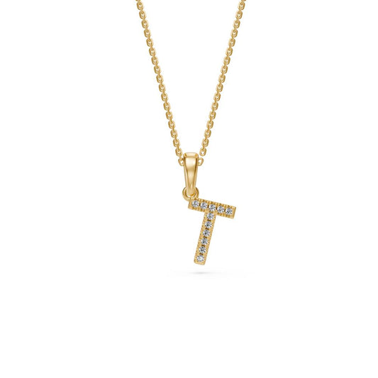 Yellow Gold Mini Pendant Necklace with Diamonds, letter T JFA199033